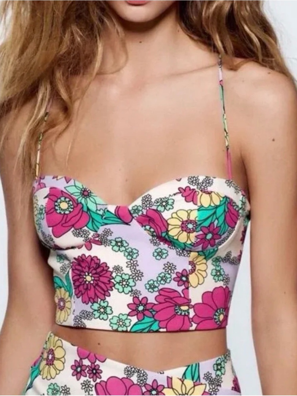 Zara Floral Lace-Up Bustier Crop Top - Pink Multi